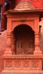 A Shaiva shrine on the north end of Manikarnika.  On the back wall are carvings of Surya, the Aryan sun god, Shiva and his wife Parvati, Nandi the bull who is the vehicle of Shiva and Ganesh, Shiva’s elephant headed son.  With its ornate carving and fluted arches this is one of the more conspicuous shrines found anywhere on the ghats