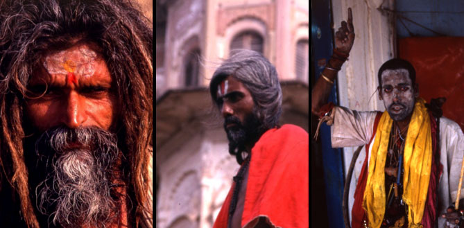 Three sadhus found on Manikarnika. The man on the far left wears a tilak, or forehead decoration suggesting an affiliation with one of the local Vaishnava, (those that worship Vishnu), sects, possibly the Paramhansa. The three vertical stripes on the man in the middle mark him as a member of an unspecified Shaiva group, (those that worship Shiva). The man on the far right has just finished rubbing ashes on his face. He wears a number of talismans around his neck, many of which are inconsistent or contradictory to one another. He wears no tilak so one can assume he is not a member of any particular group but follows his own unique spiritual calling.